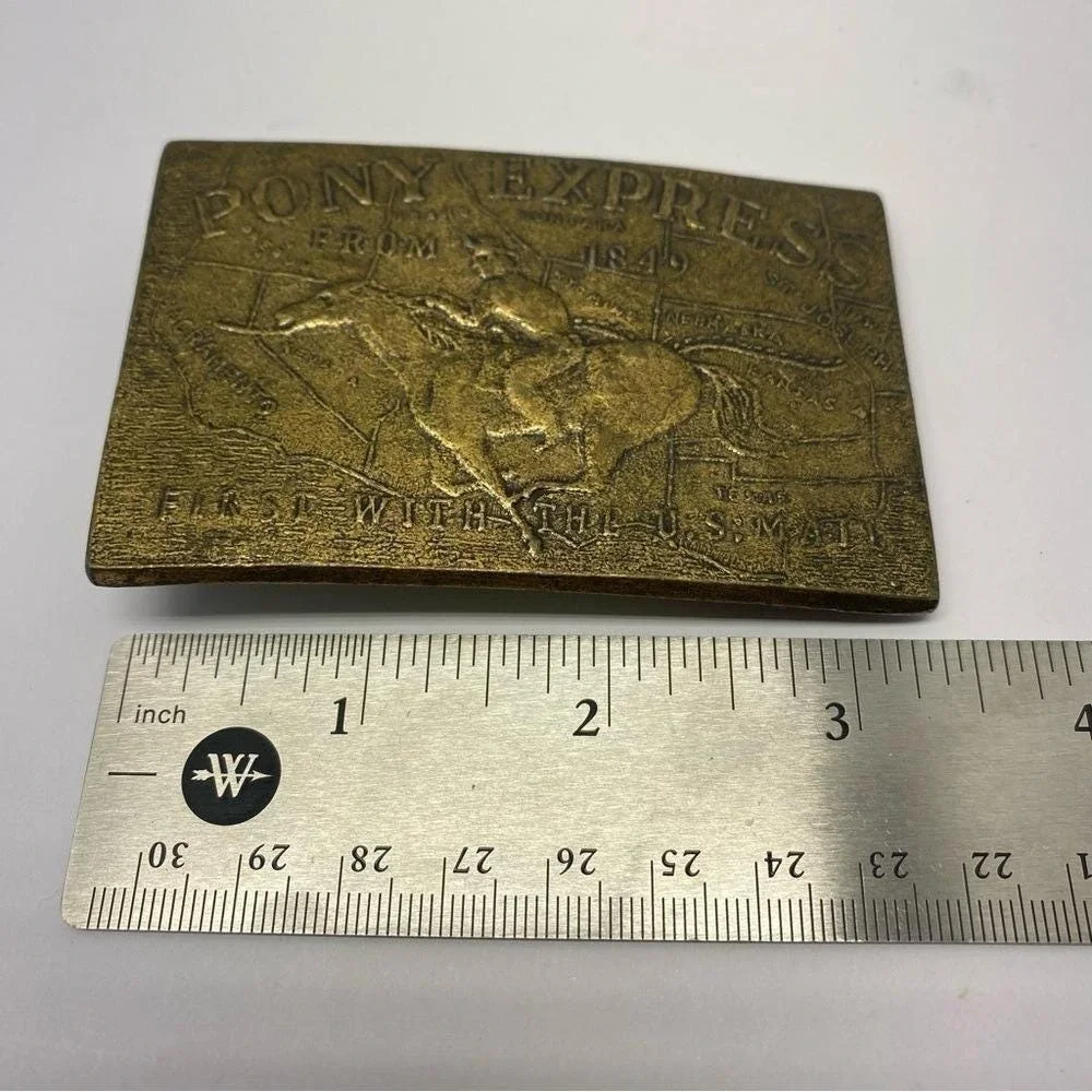 Vintage Pony Express Belt Buckle‎ Mens OS Gold Brass Western Rider 1849 Map